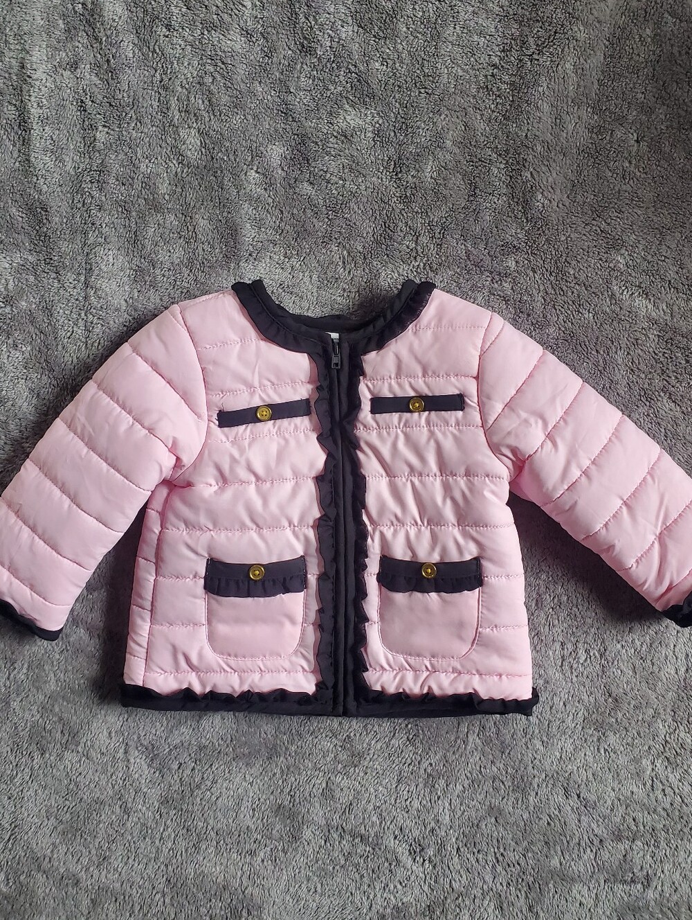 Baby Girl 18M Pink Quilted Puffer Jacket Chanel Style Ruffle Trim Gold Button